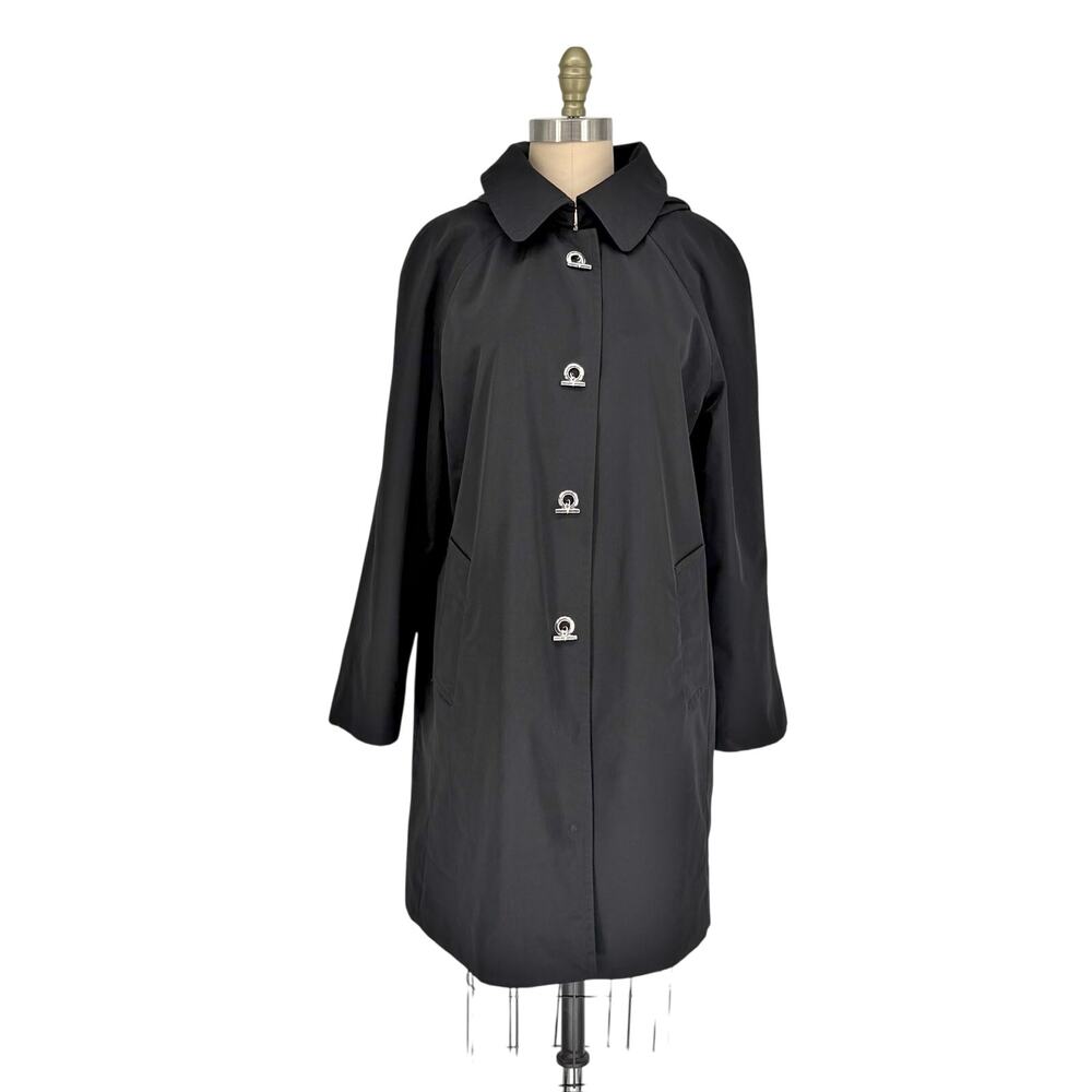 London Fog Water Resistant Hooded Trench Coat size Large Black Raincoat